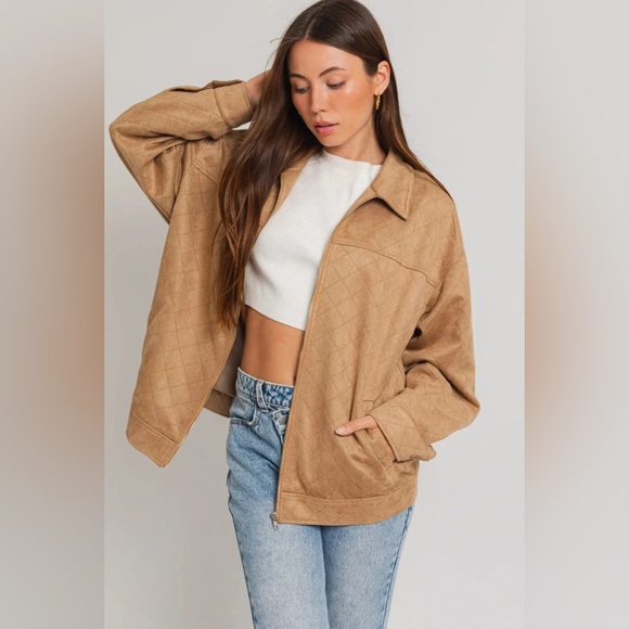 Le Lis Jackets & Blazers - Le Lis Diamond Quilted Suede Front Zipper Collared Jacket